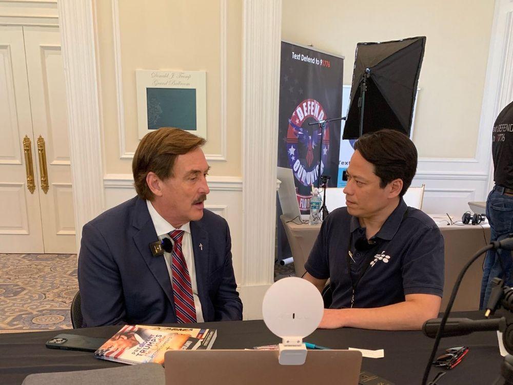 Pastor Steve Cioccolanti interviewed by Mike Lindell at ReAwaken America tour in October 2023